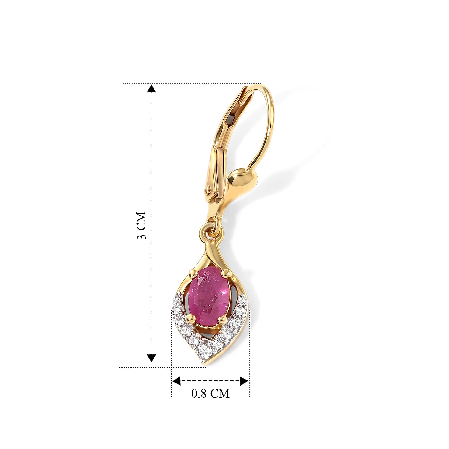 D'Joy - African Ruby & White Zircon Lever Back Earring in Yellow Gold Plated Sterling Silver 1.50 Ct.