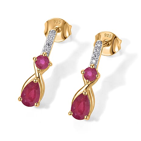 D'Joy - African Ruby & White Zircon Push Post Earring in Yellow Gold Plated Sterling Silver 1.70 Ct.