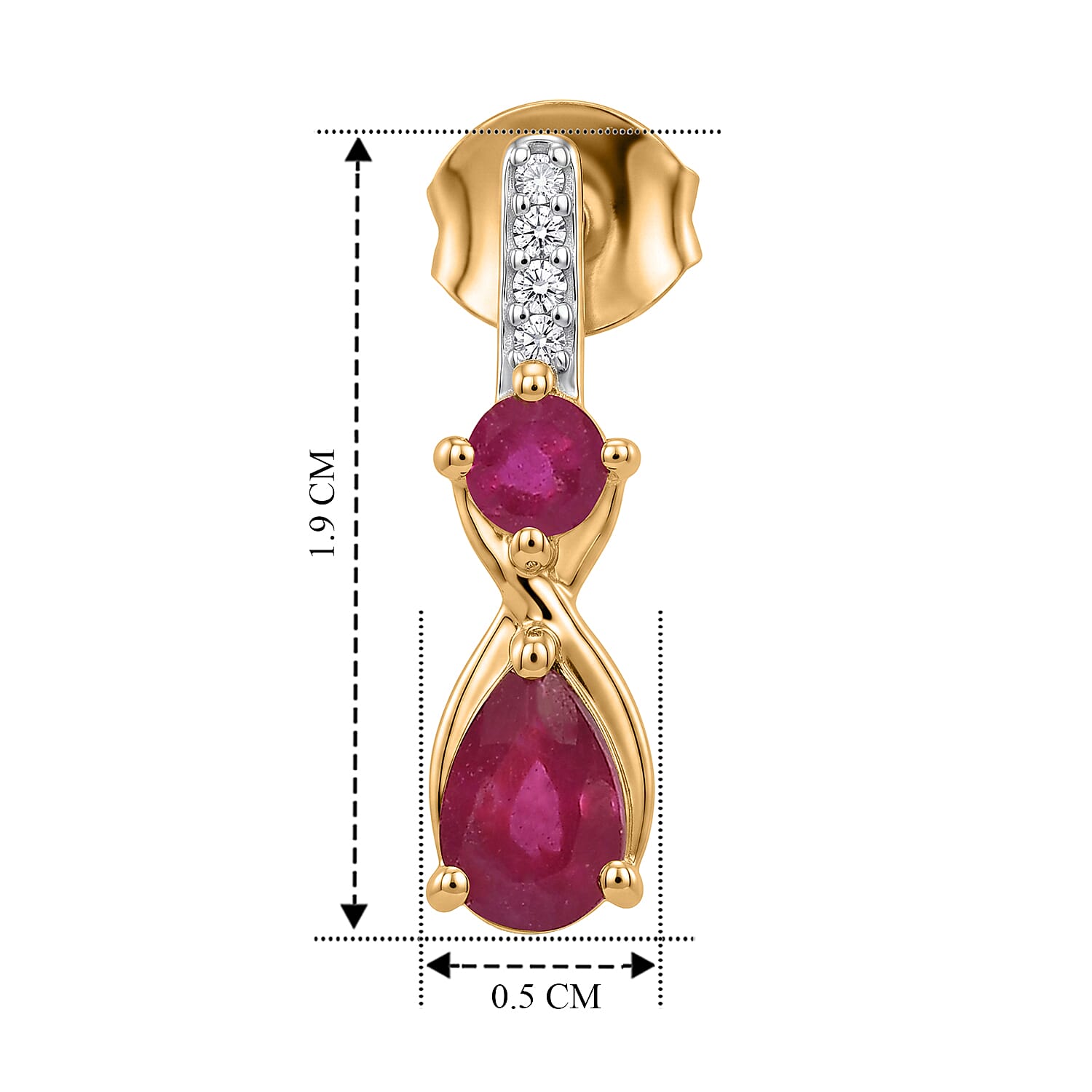 D'Joy - African Ruby & White Zircon Push Post Earring in Yellow Gold Plated Sterling Silver 1.70 Ct.