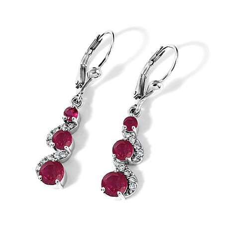 D'Joy African Ruby, White Zircon Fancy Earring in Rhodium OverlaySterling Silver  3.040  Ct.