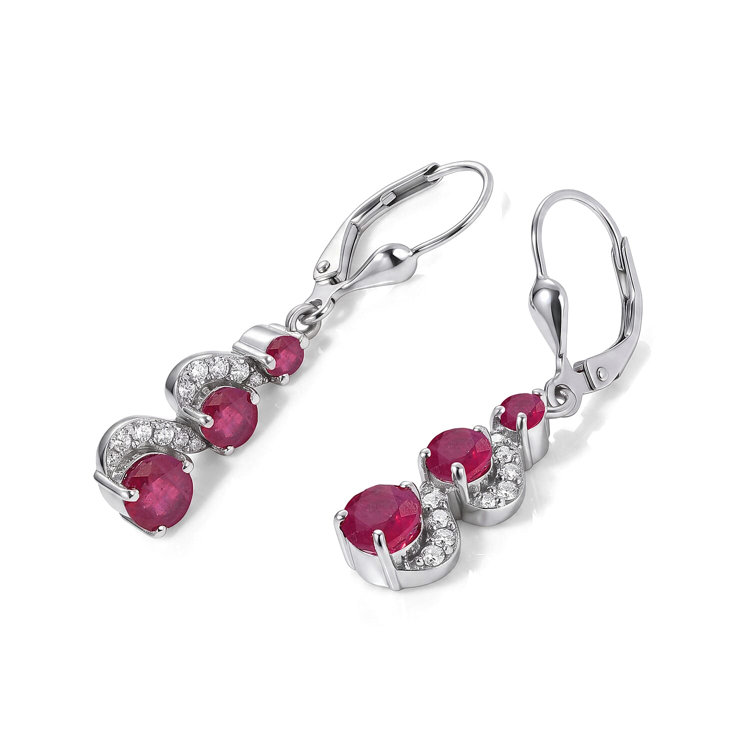 D'Joy African Ruby, White Zircon Fancy Earring in Rhodium OverlaySterling Silver  3.040  Ct.