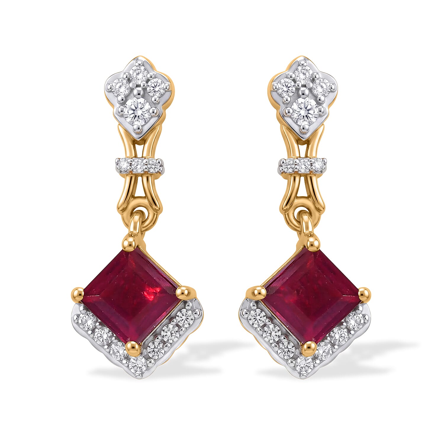 D'Joy - African Ruby & White Zircon Dangling Earring with Push Post in Yellow Gold Plated Sterling Silver 2.50 Ct.