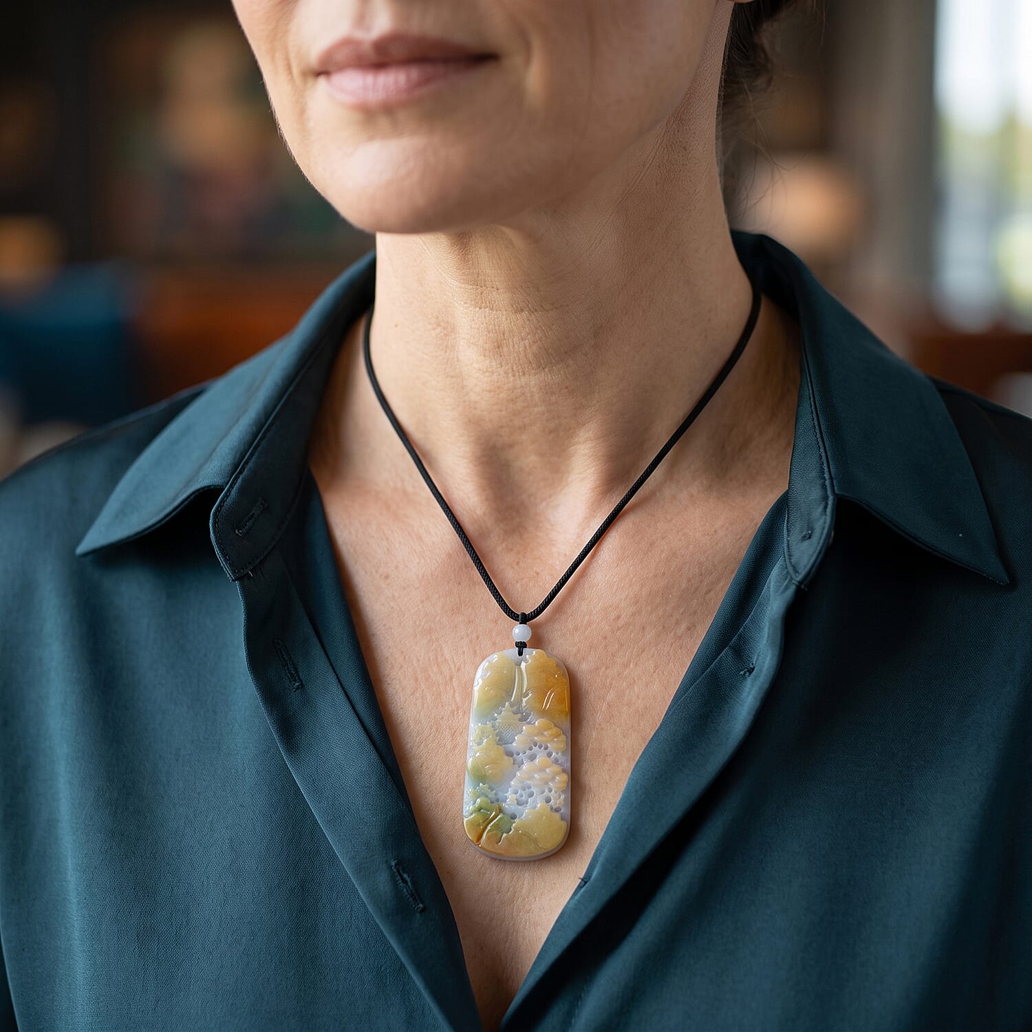 Chairman Collection Natural Type A Bi Colour Honey Burmese Jadeite Mountain Serenity Carved Necklace with (Size Adjustable Upto 28) 235.00 Ct.