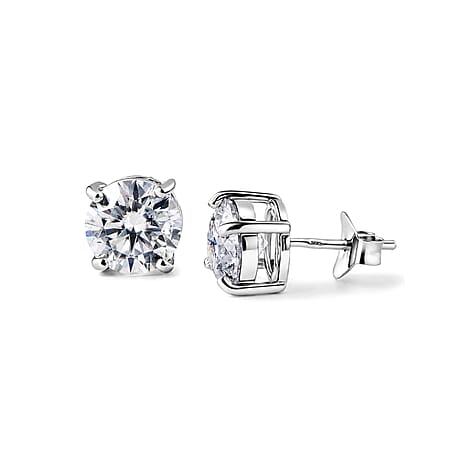 D'Joy - GRA Certified Moissanite Solitaire Stud Earring with Push Back in Rhodium Overlay Sterling Silver 3.80 Ct.