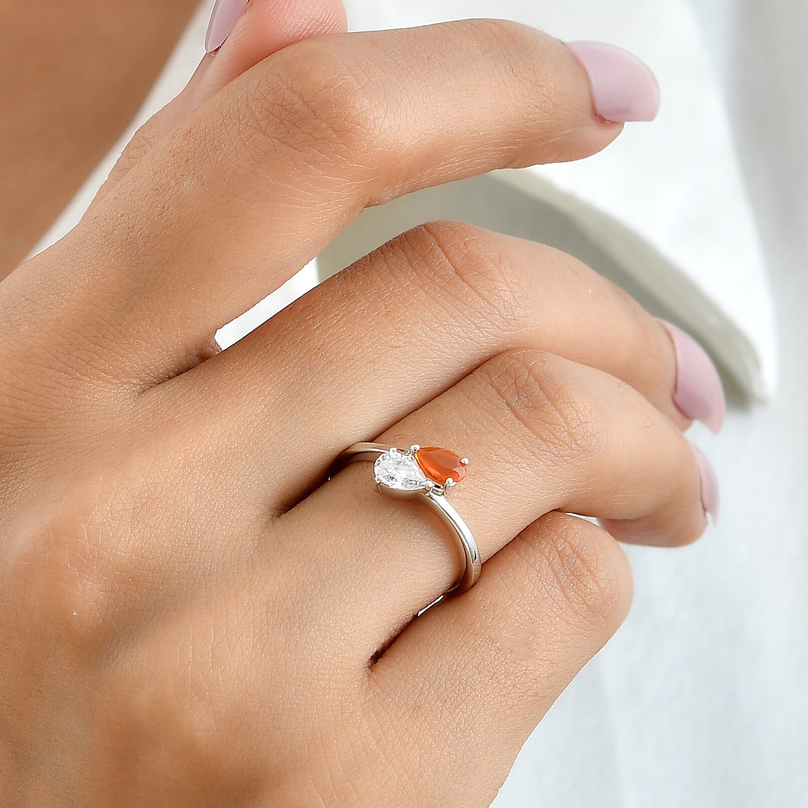 D'Joy Fire Opal, Moissanite Bypass Ring in Rhodium OverlaySterling Silver  0.630  Ct.