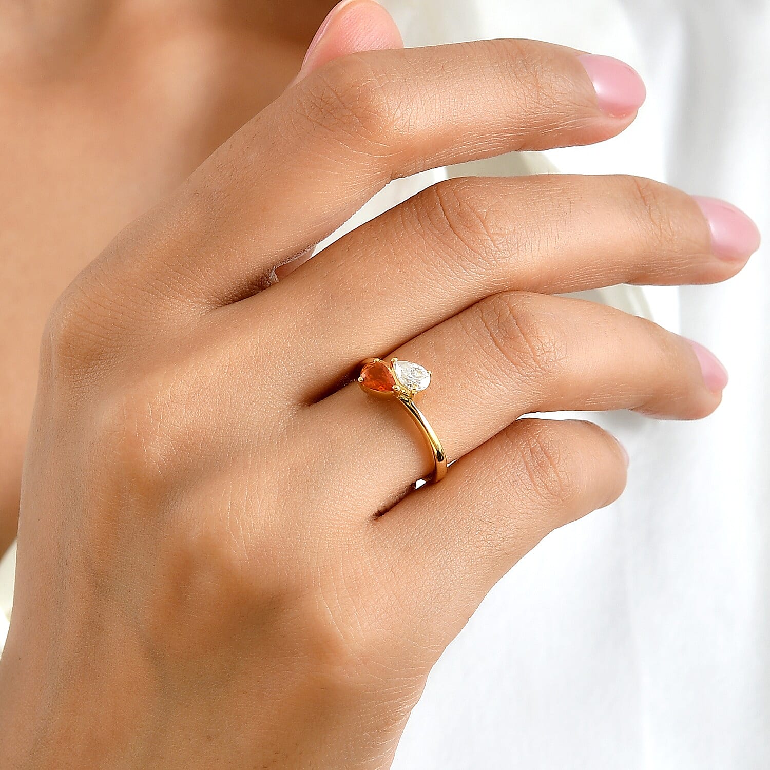 D'Joy Fire Opal, Moissanite Bypass Ring in 18K YG VermeilSterling Silver  0.630  Ct.