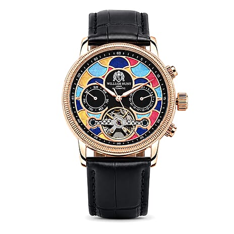 William Hunt Limited Edition Mosaic Automatic Movement 5ATM Water Resistant Enamel Skeleton Dial & Rose Gold Plated UNISEX Watch with Black Genuine Leather Strap
