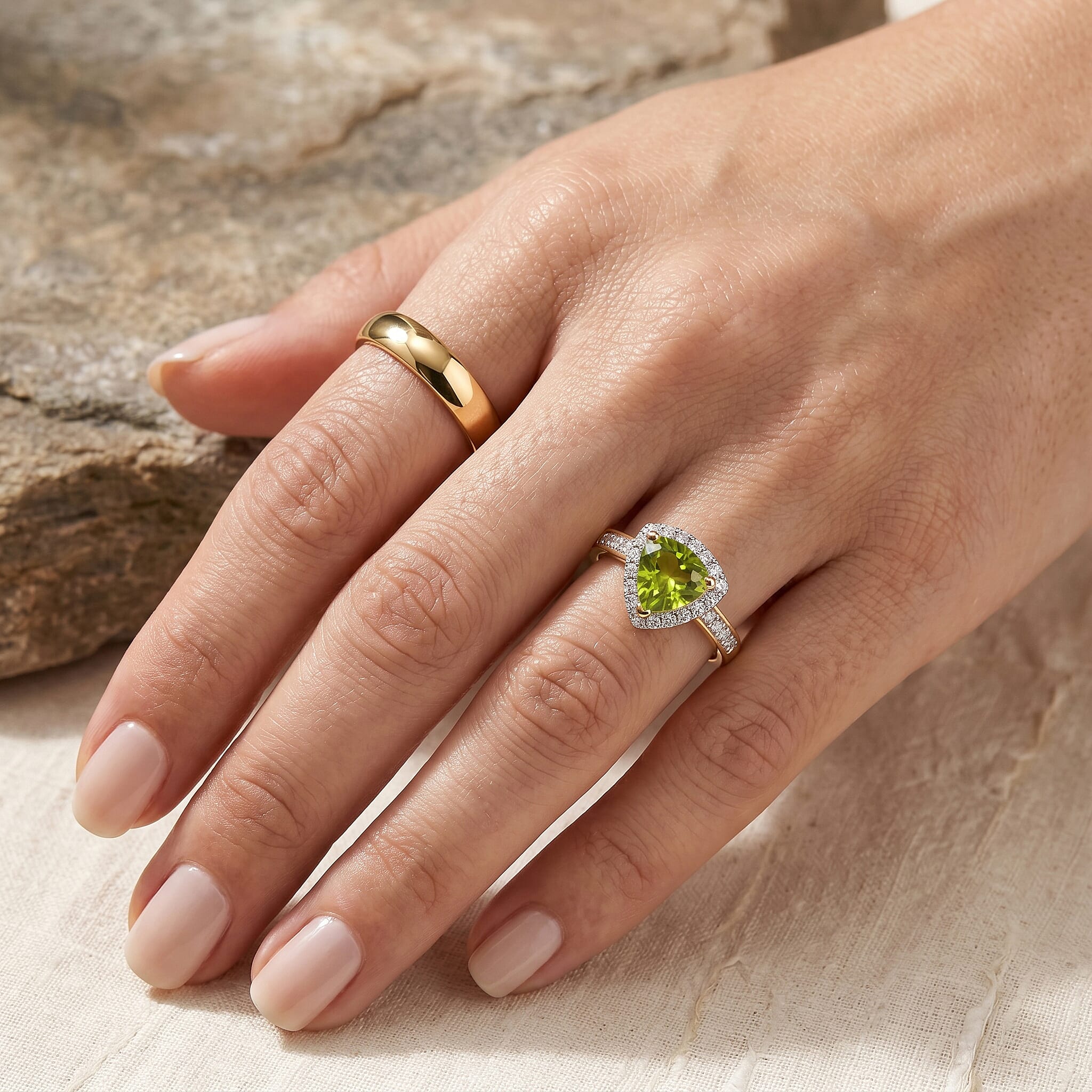 D'Joy Natural Hebei Peridot & White Zircon Ring in Yellow Gold Plated Sterling Silver 1.67 Ct.