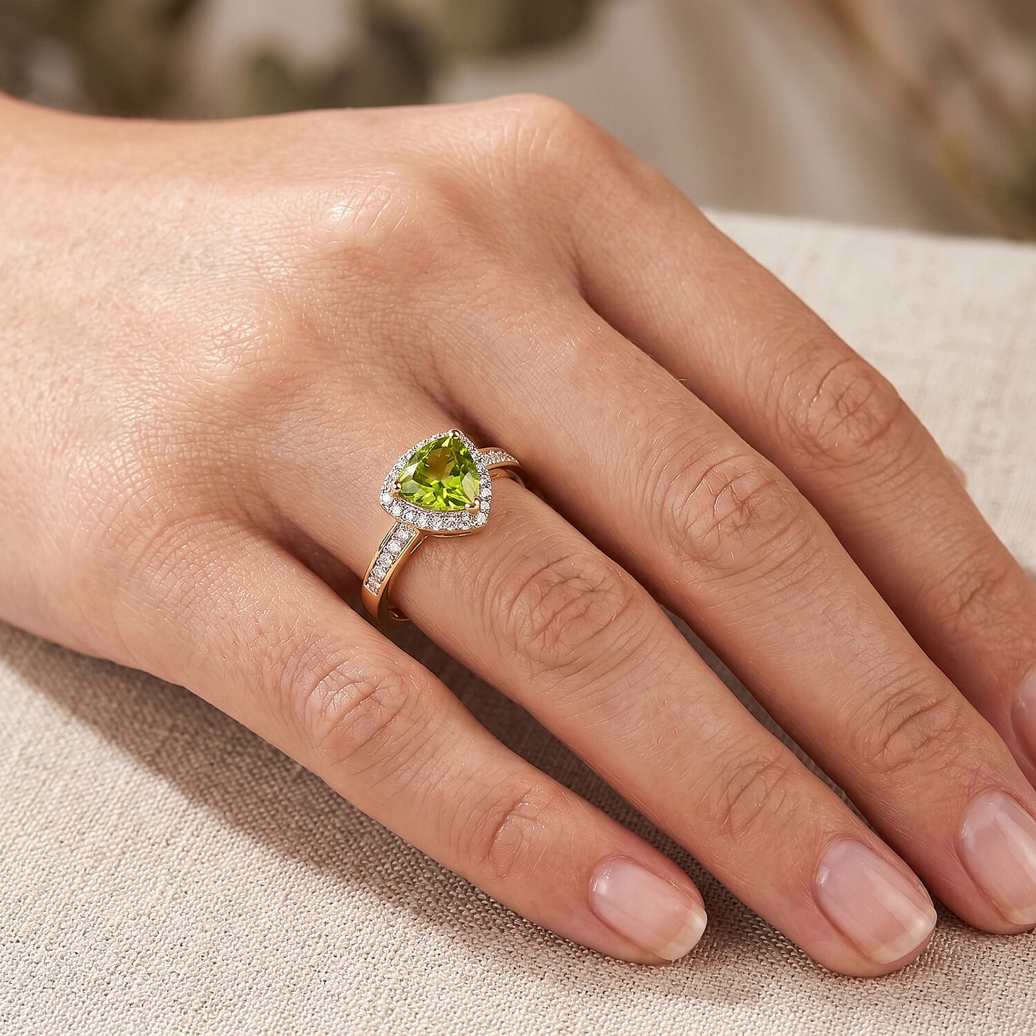 D'Joy Natural Hebei Peridot & White Zircon Ring in Yellow Gold Plated Sterling Silver 1.67 Ct.