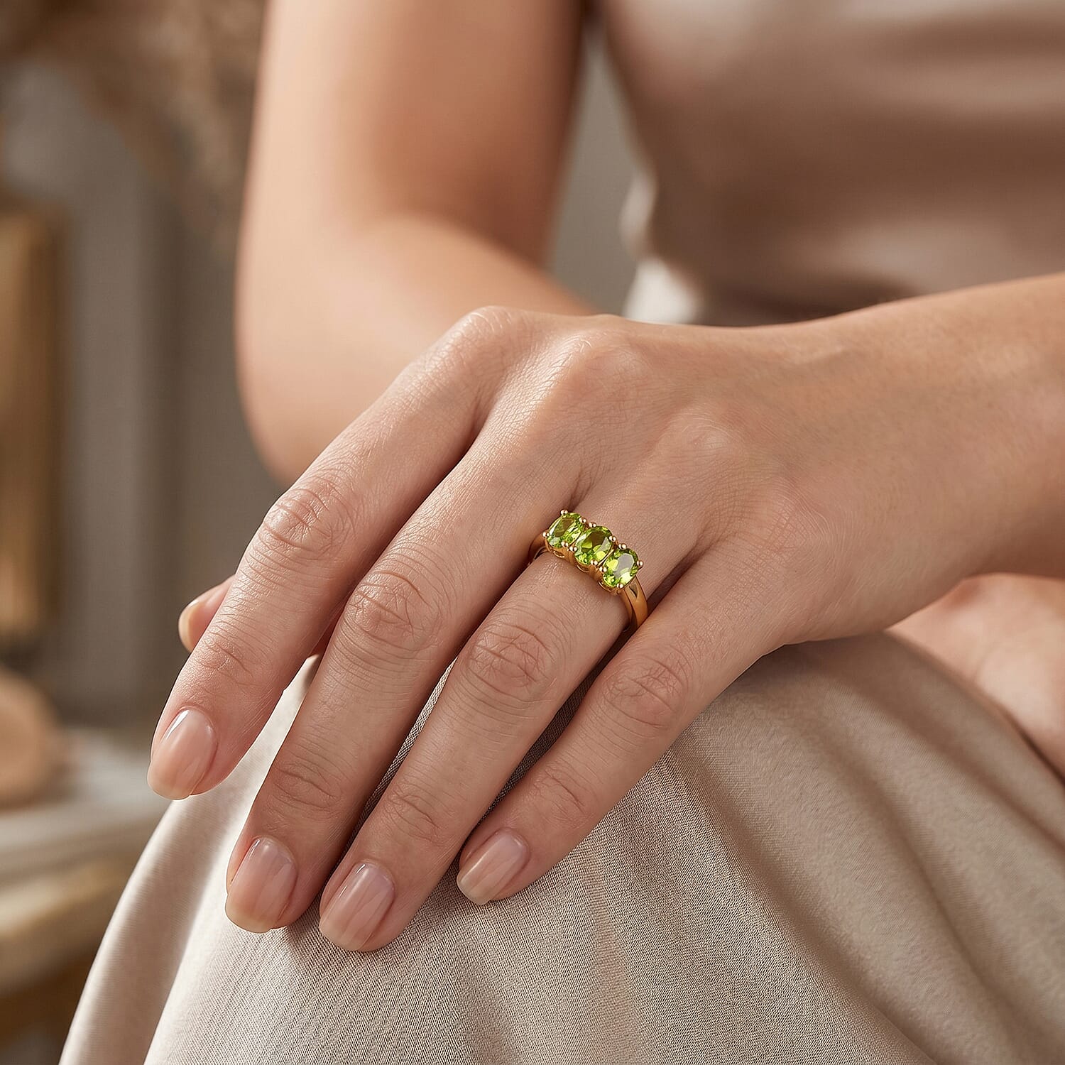 D'Joy - Natural Hebei Peridot Trilogy Ring in Yellow Gold Plated Sterling Silver 1.15 Ct.