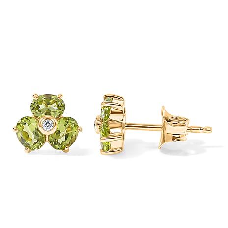 D'Joy - Peridot & White Zircon Dangling Earring with Push Back in Yellow Gold Plated Sterling Silver 1.24 Ct.