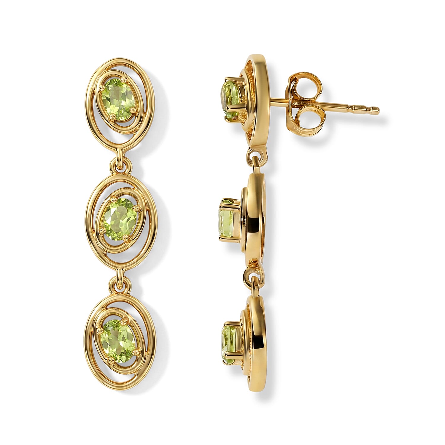 D'Joy - Peridot Dangling Earring with Push Back in Yellow Gold Plated Sterling Silver 1.20 Ct.