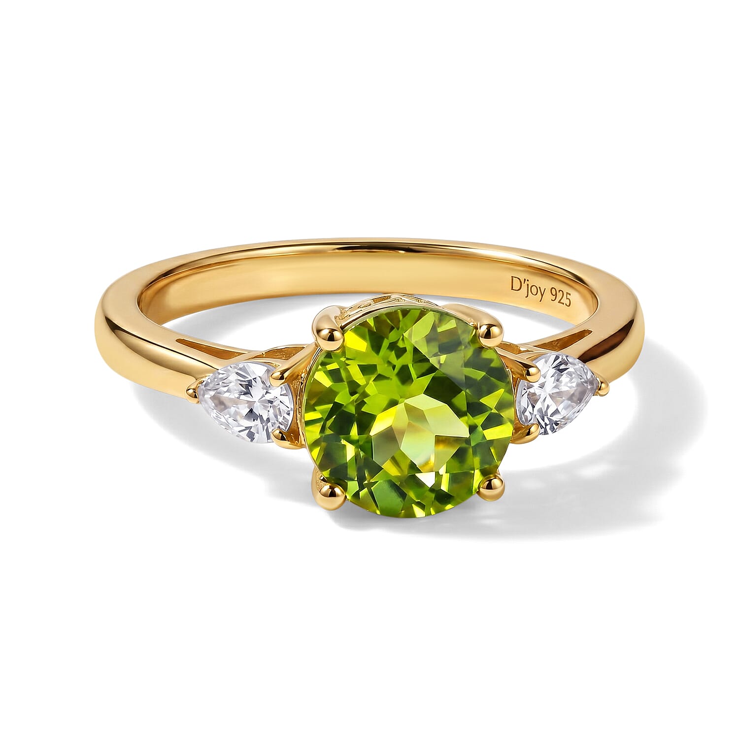 D'Joy - Natural Hebei Peridot & White Zircon Trilogy Ring in Yellow Gold Plated Sterling Silver 2.47 Ct.