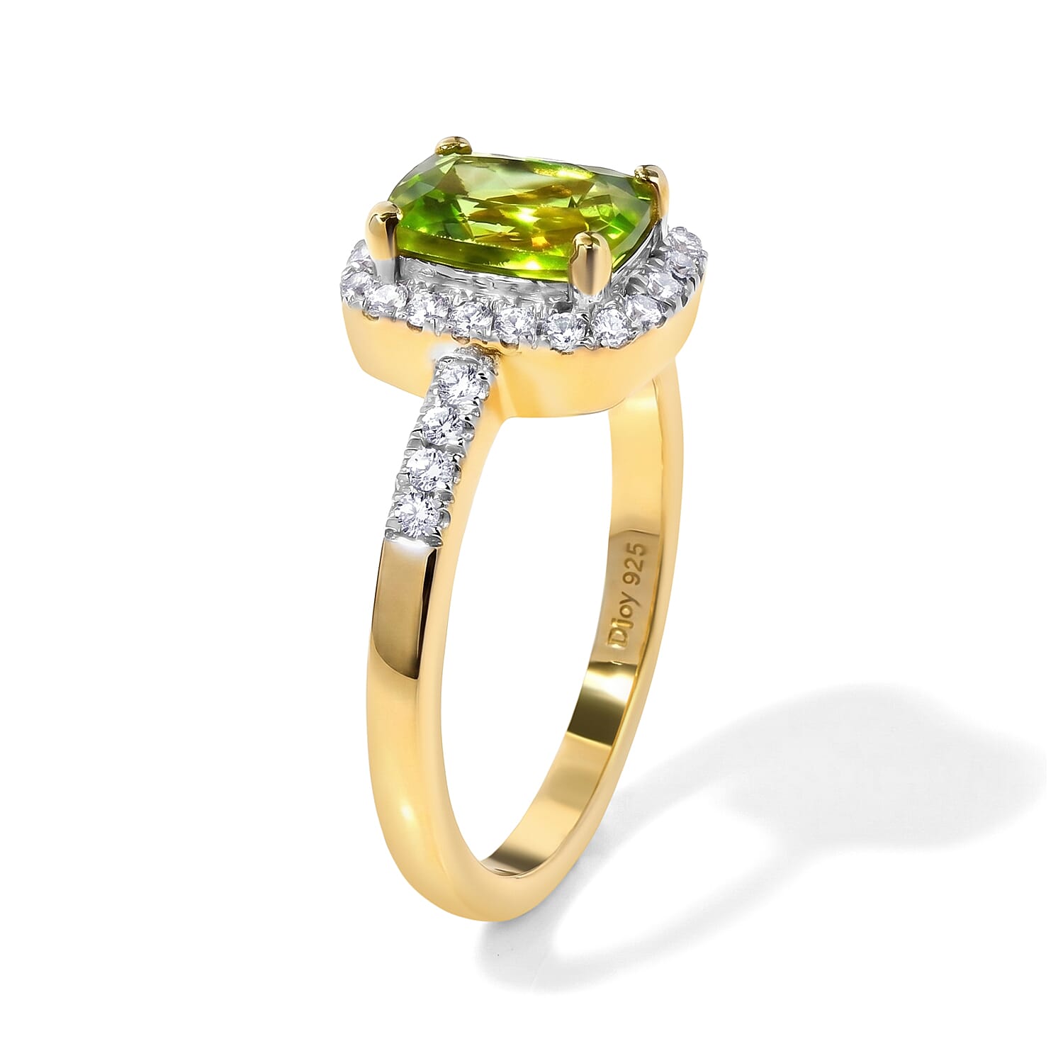 D'Joy - Natural Hebei Peridot & White Zircon Halo Ring in Yellow Gold Plated Sterling Silver 1.93 Ct.