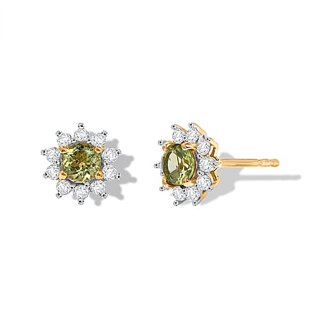 D'Joy - Peridot & White Zircon Solitaire Stud Push Post Earring in Yellow Gold Plated Sterling Silver 1.10 Ct.
