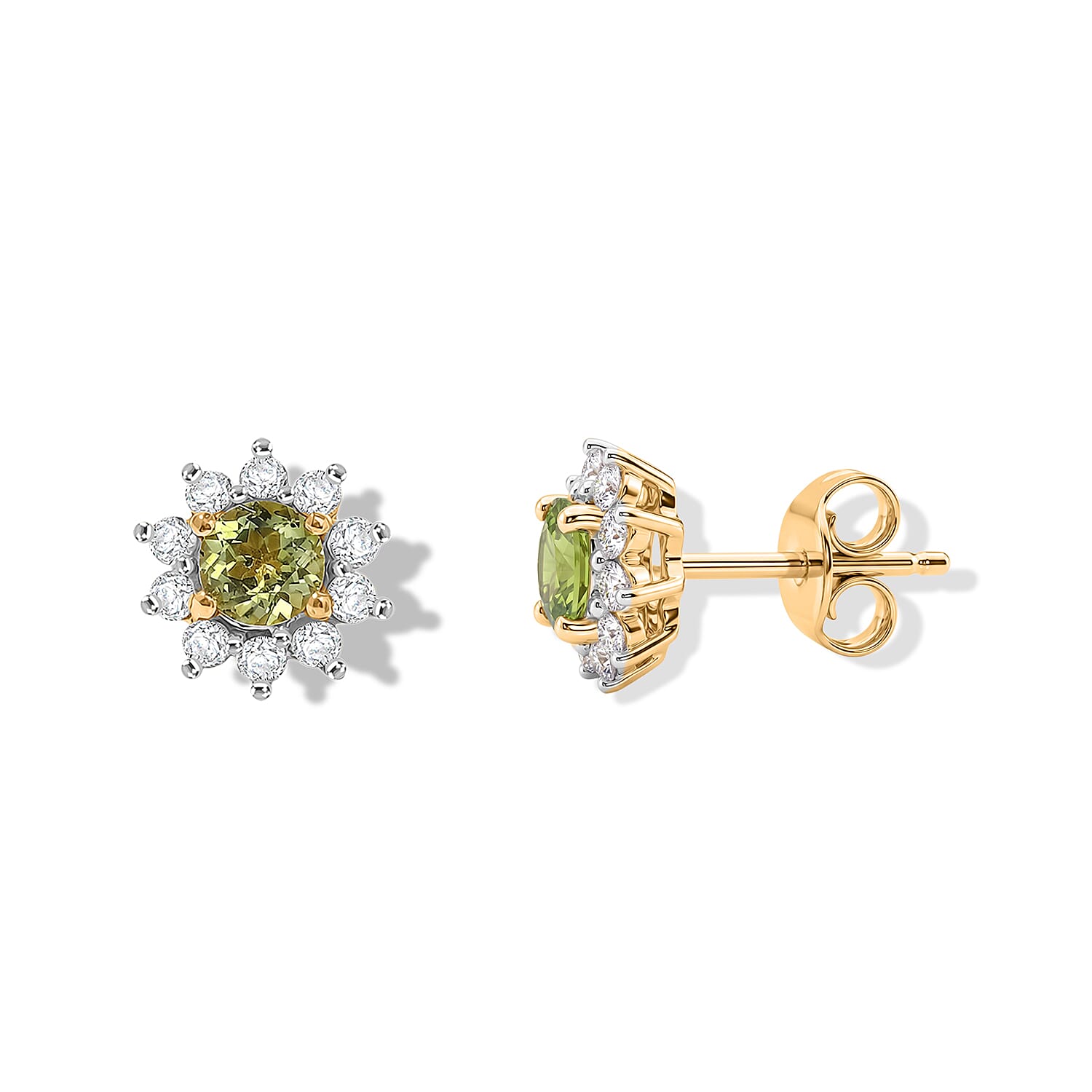 D'Joy - Peridot & White Zircon Solitaire Stud Push Post Earring in Yellow Gold Plated Sterling Silver 1.10 Ct.