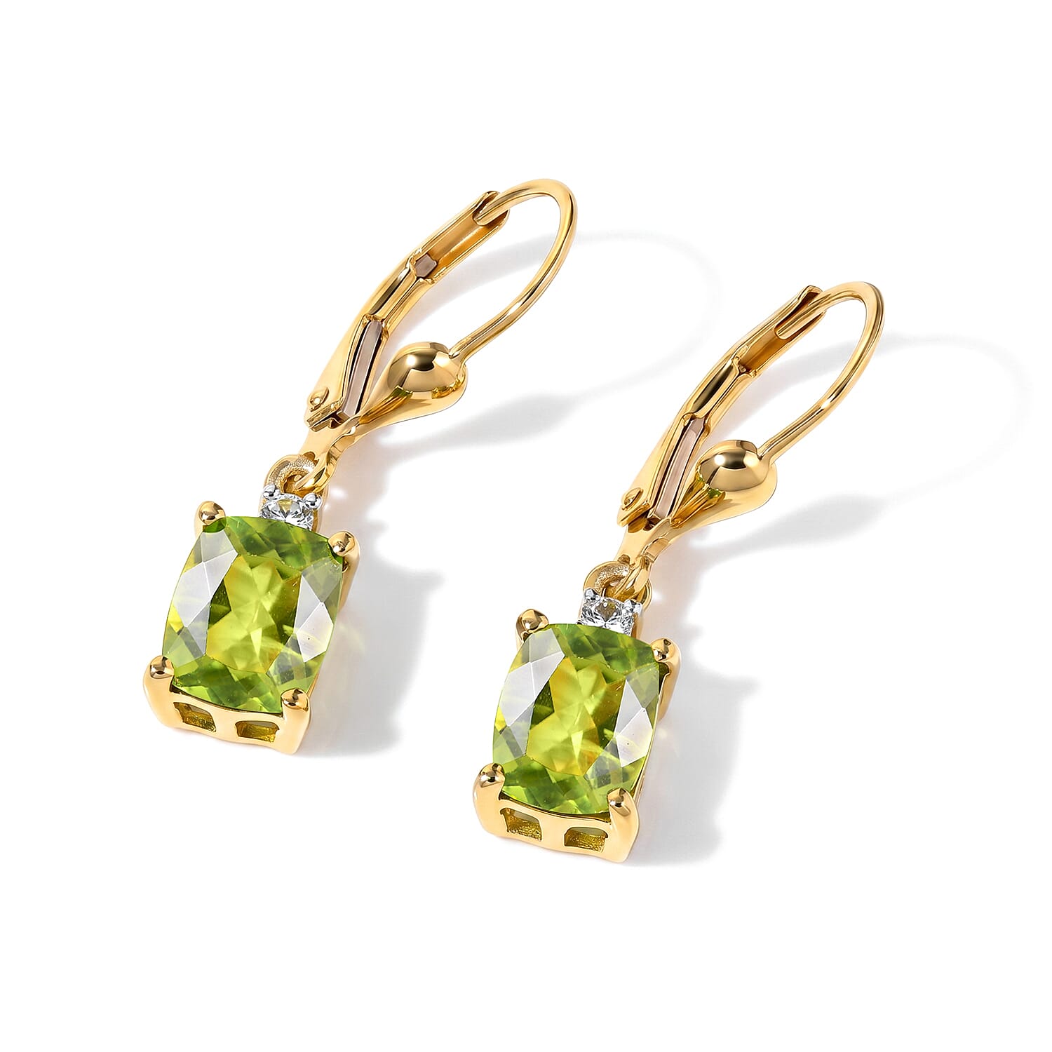 D'Joy - Peridot & White Zircon Solitaire Lever Back Earring in Yellow Gold Plated Sterling Silver 3.24 Ct.