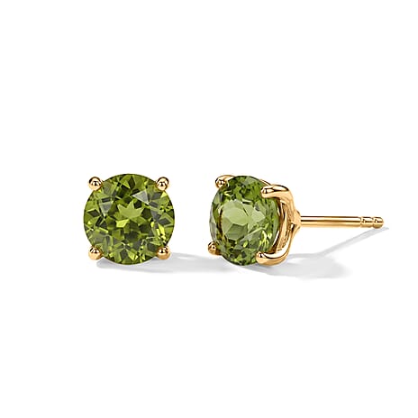 D'Joy - Peridot Solitaire Stud Push Post Earring in Yellow Gold Plated Sterling Silver 3.00 Ct.