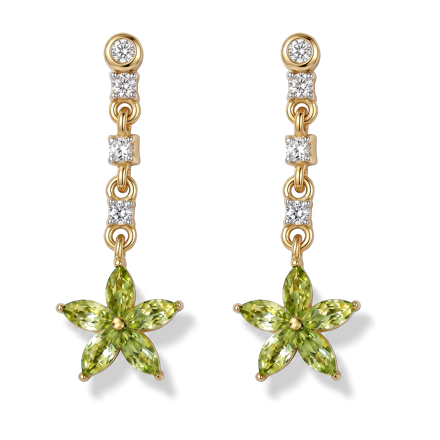 D'Joy - Peridot & White Zircon Dangling Earring with Push Back in Yellow Gold Plated Sterling Silver 1.17 Ct.