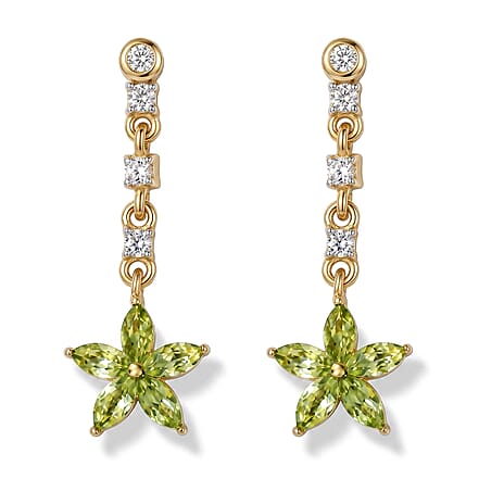 D'Joy - Peridot & White Zircon Dangling Earring with Push Back in Yellow Gold Plated Sterling Silver 1.17 Ct.
