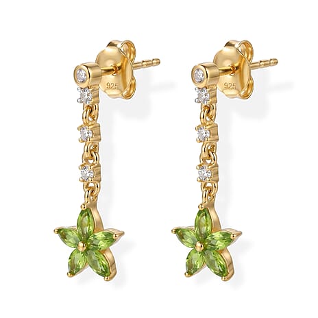 D'Joy - Peridot & White Zircon Dangling Earring with Push Back in Yellow Gold Plated Sterling Silver 1.17 Ct.