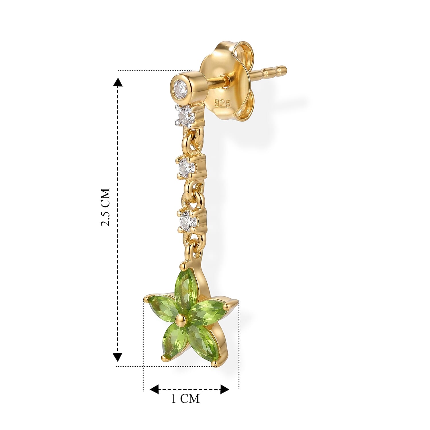 D'Joy - Peridot & White Zircon Dangling Earring with Push Back in Yellow Gold Plated Sterling Silver 1.17 Ct.