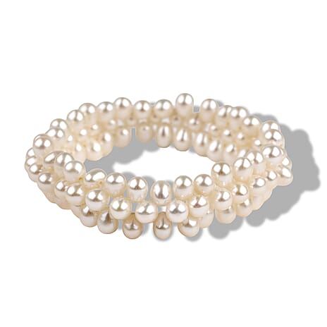 LA Closeout Deals White Fresh Water Pearl Three Row Stretchable Bracelet (Size - 7)