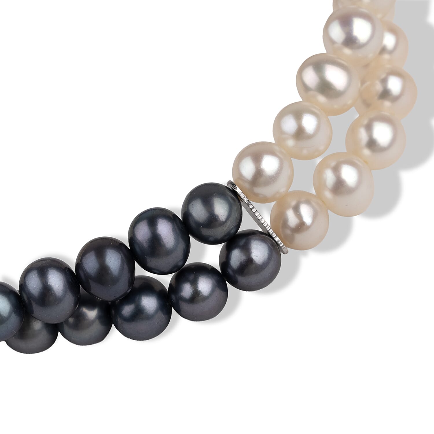 LA Closeout Deals Multi Colour Dyed Peacock, Silver & White Fresh Water Pearl Two Row Stretchable Bracelet (Size - 7)