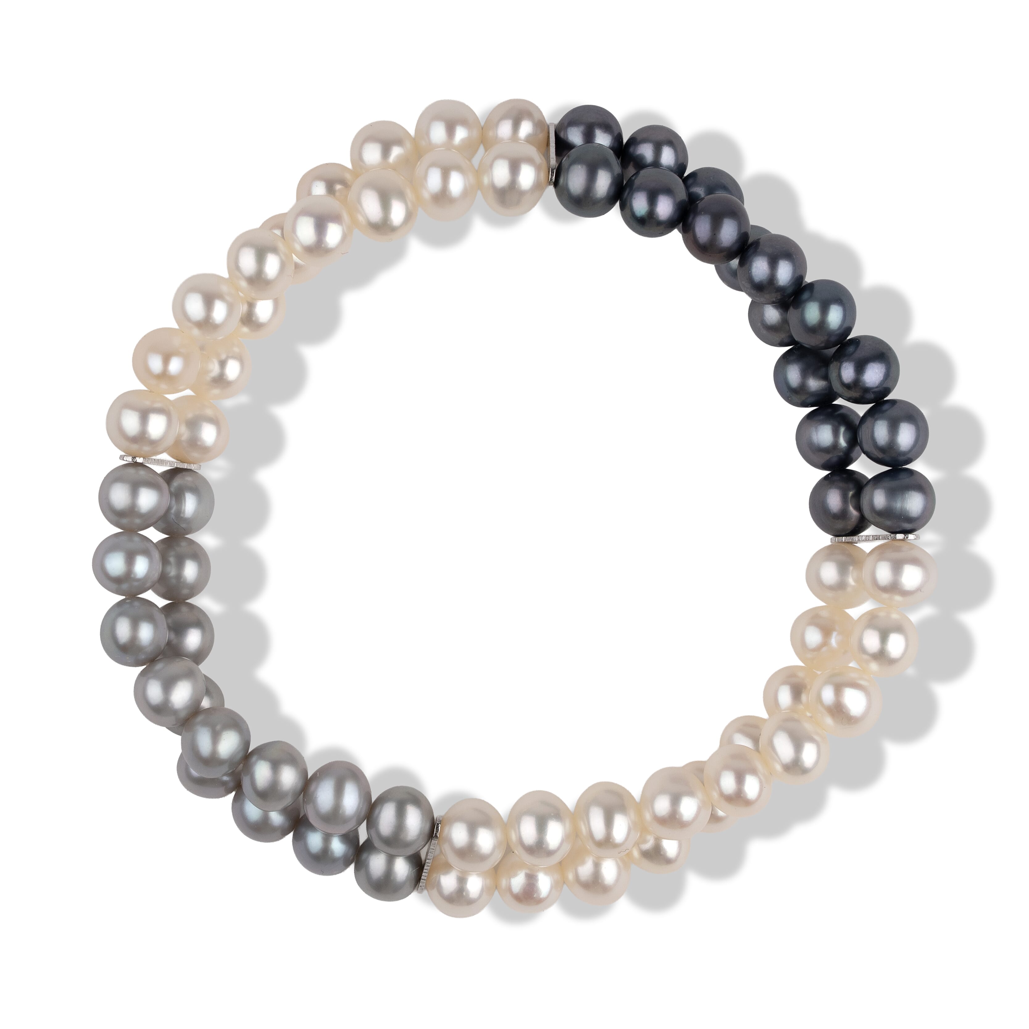 LA Closeout Deals Multi Colour Dyed Peacock, Silver & White Fresh Water Pearl Two Row Stretchable Bracelet (Size - 7)