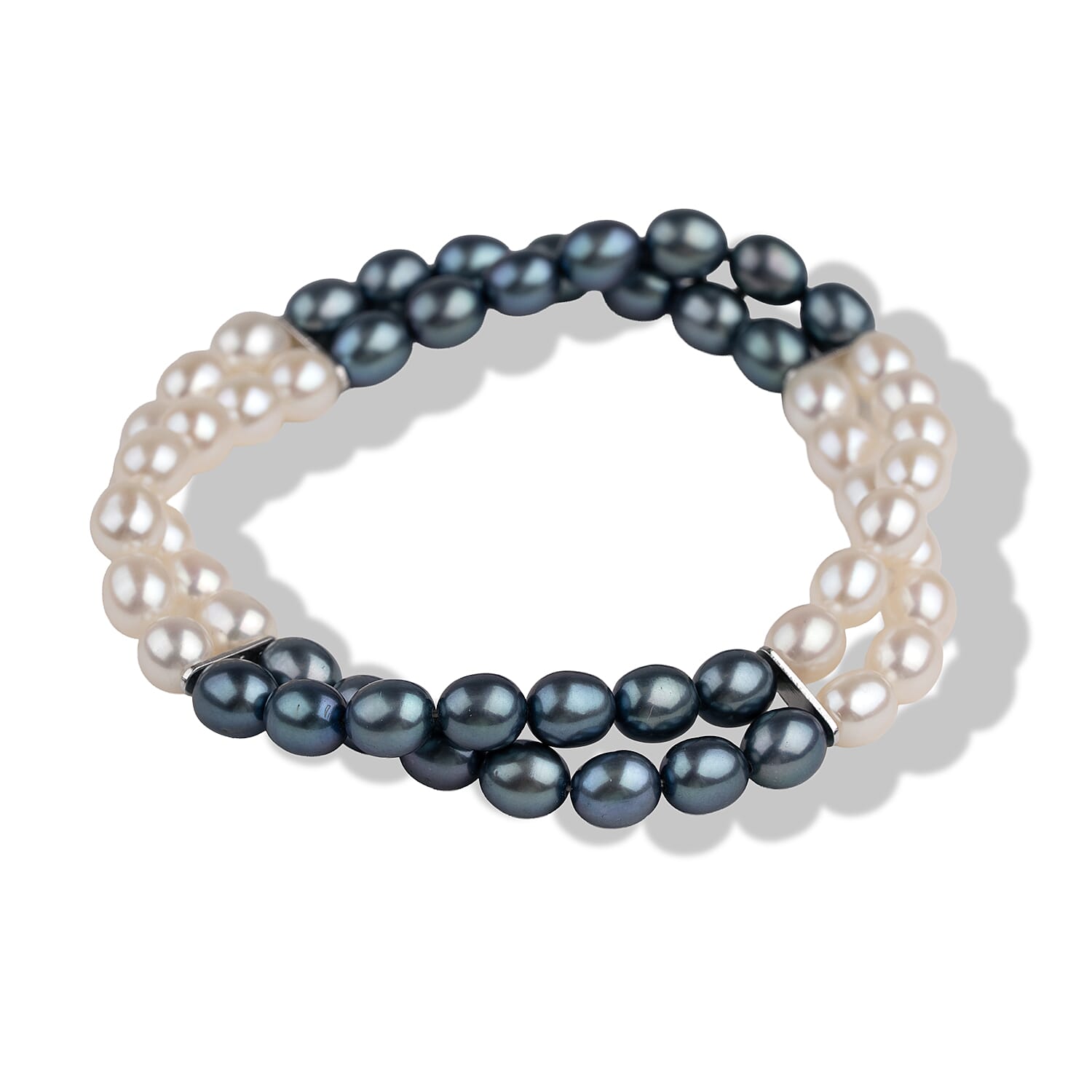 LA Closeout Deals Multi Colour Dyed Peacock & White Fresh Water Pearl Two Row Stretch Bracelet (Size - 7)