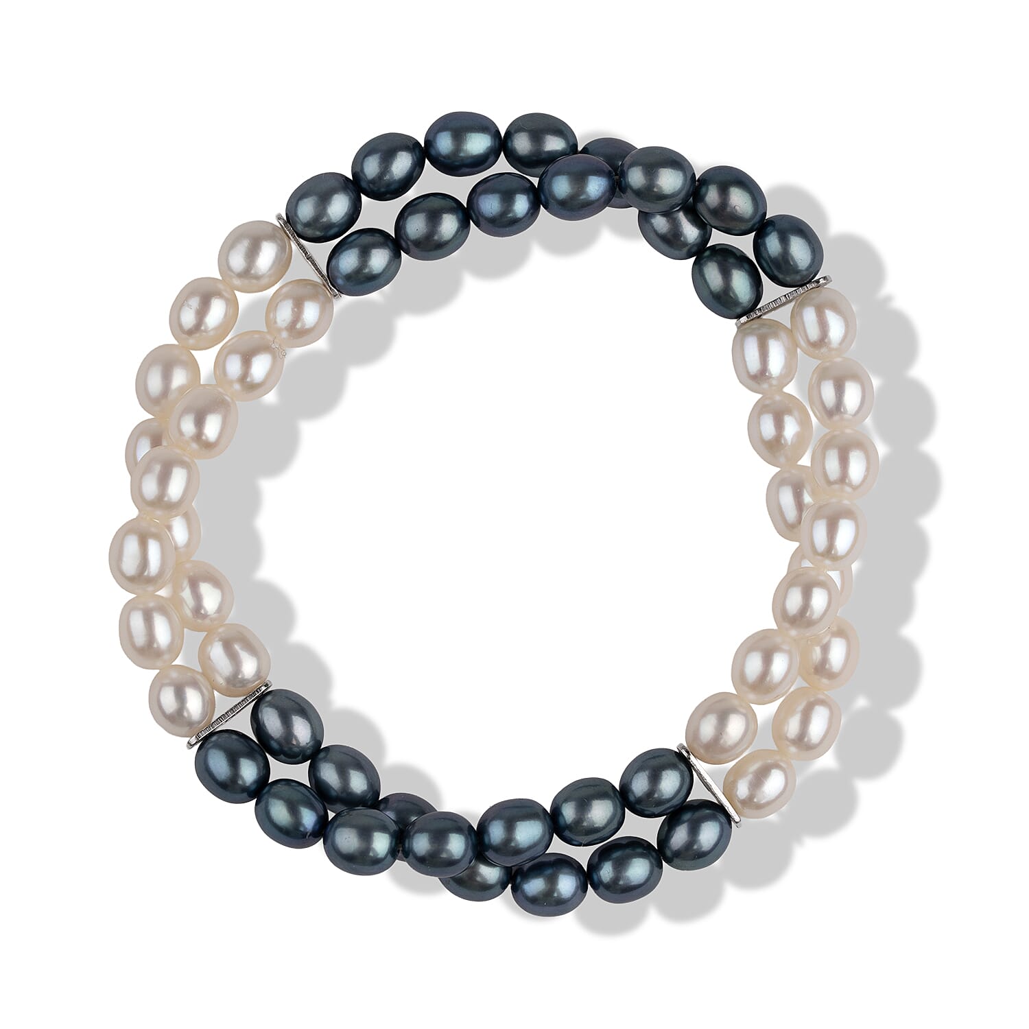 LA Closeout Deals Multi Colour Dyed Peacock & White Fresh Water Pearl Two Row Stretch Bracelet (Size - 7)