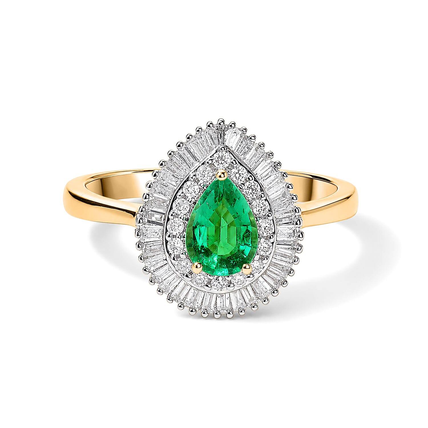 9K Yellow Gold AAA Colombian Emerald & Natural White Diamond Halo Ring 1.00 Ct.