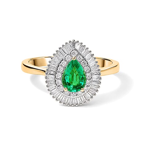 9K Yellow Gold AAA Colombian Emerald & Natural White Diamond Halo Ring 1.00 Ct.