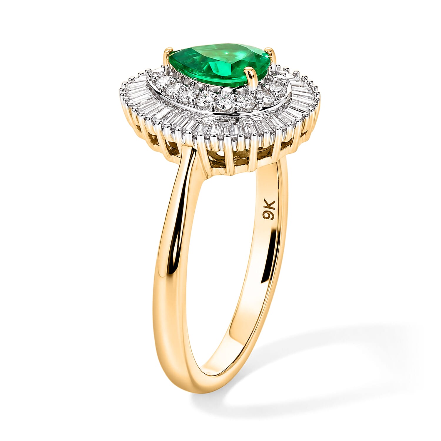 9K Yellow Gold AAA Colombian Emerald & Natural White Diamond Halo Ring 1.00 Ct.