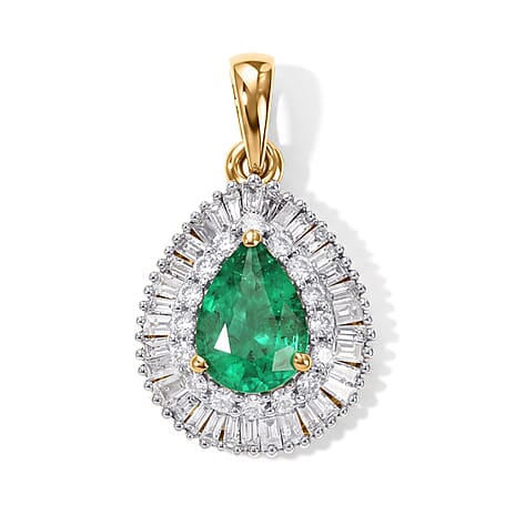 9K Yellow Gold AAA Colombian Emerald & Natural White Diamond Halo Pendant 0.95 Ct.