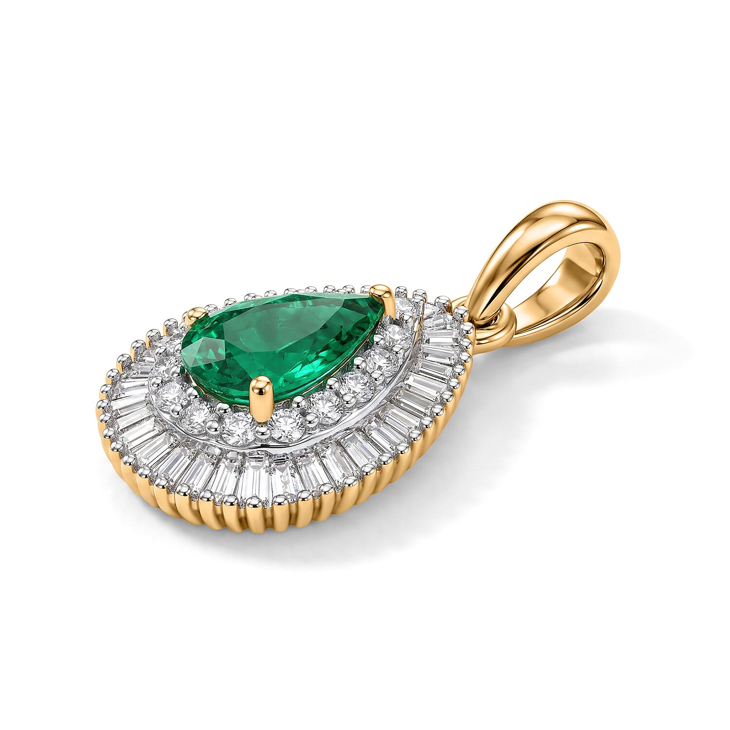 9K Yellow Gold AAA Colombian Emerald & Natural White Diamond Halo Pendant 0.95 Ct.
