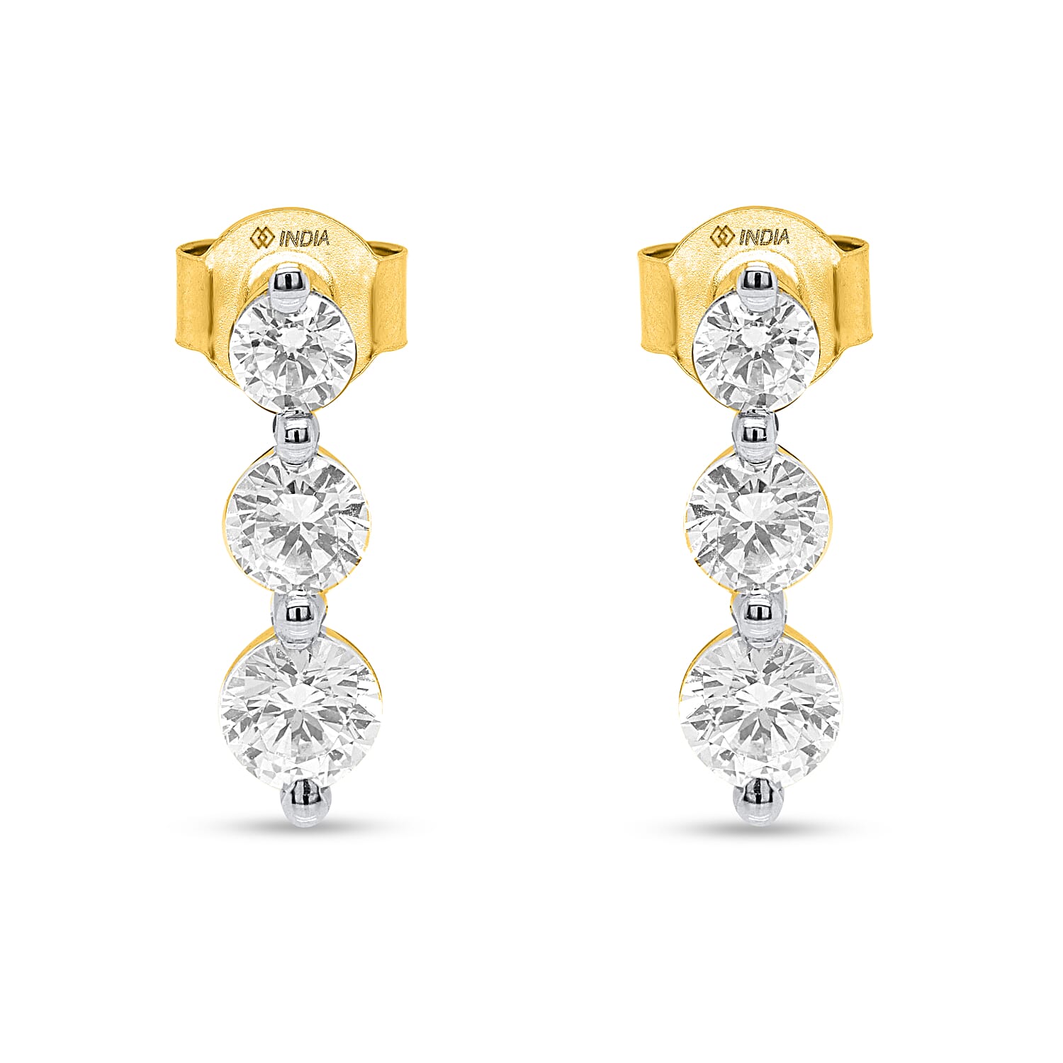 14K Yellow Gold White Diamond Trilogy Earring with Push Back 1.00 Ct.