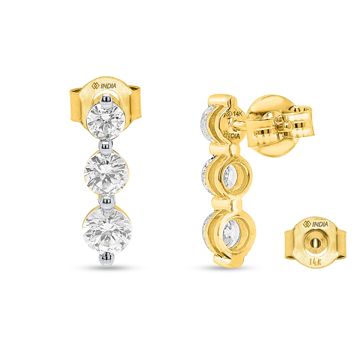 14K Yellow Gold White Diamond Trilogy Earring with Push Back 1.00 Ct.