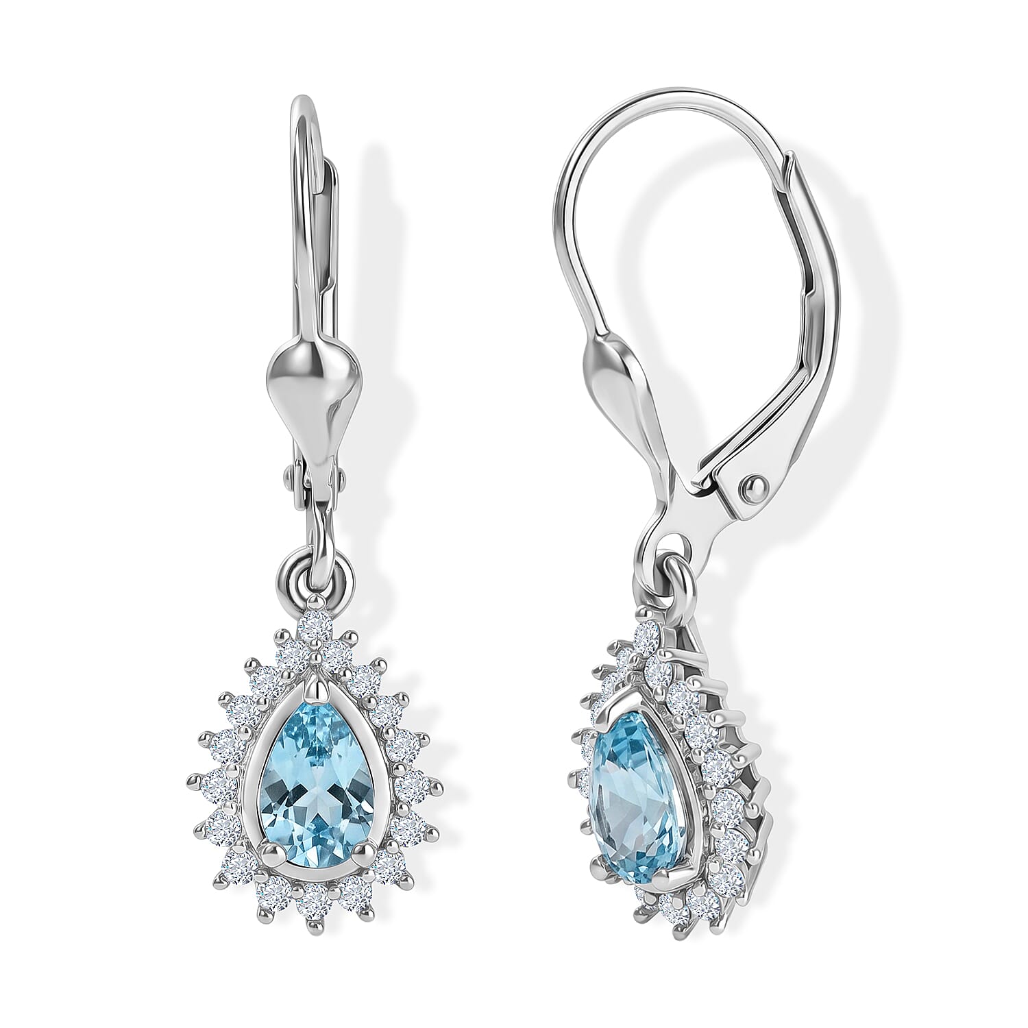 D'Joy - AAA RatanakirI Blue Zircon & White Zircon Halo Earring with Lever Back in Rhodium Overlay Sterling Silver 1.70 Ct.
