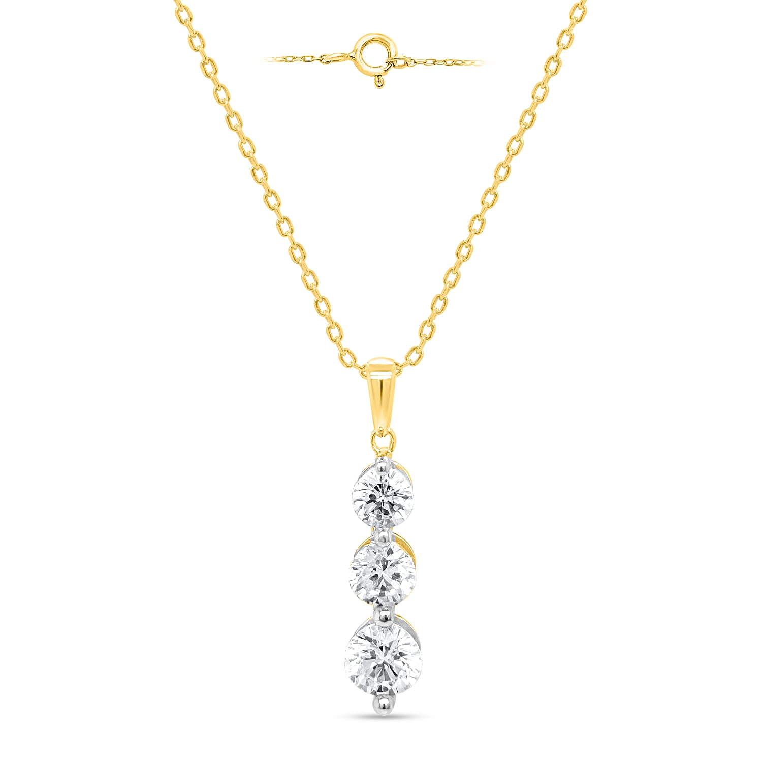 14K Yellow Gold White Diamond Adjustable Trilogy Pendant with Chain (Size - 18-20) 1.00 Ct.