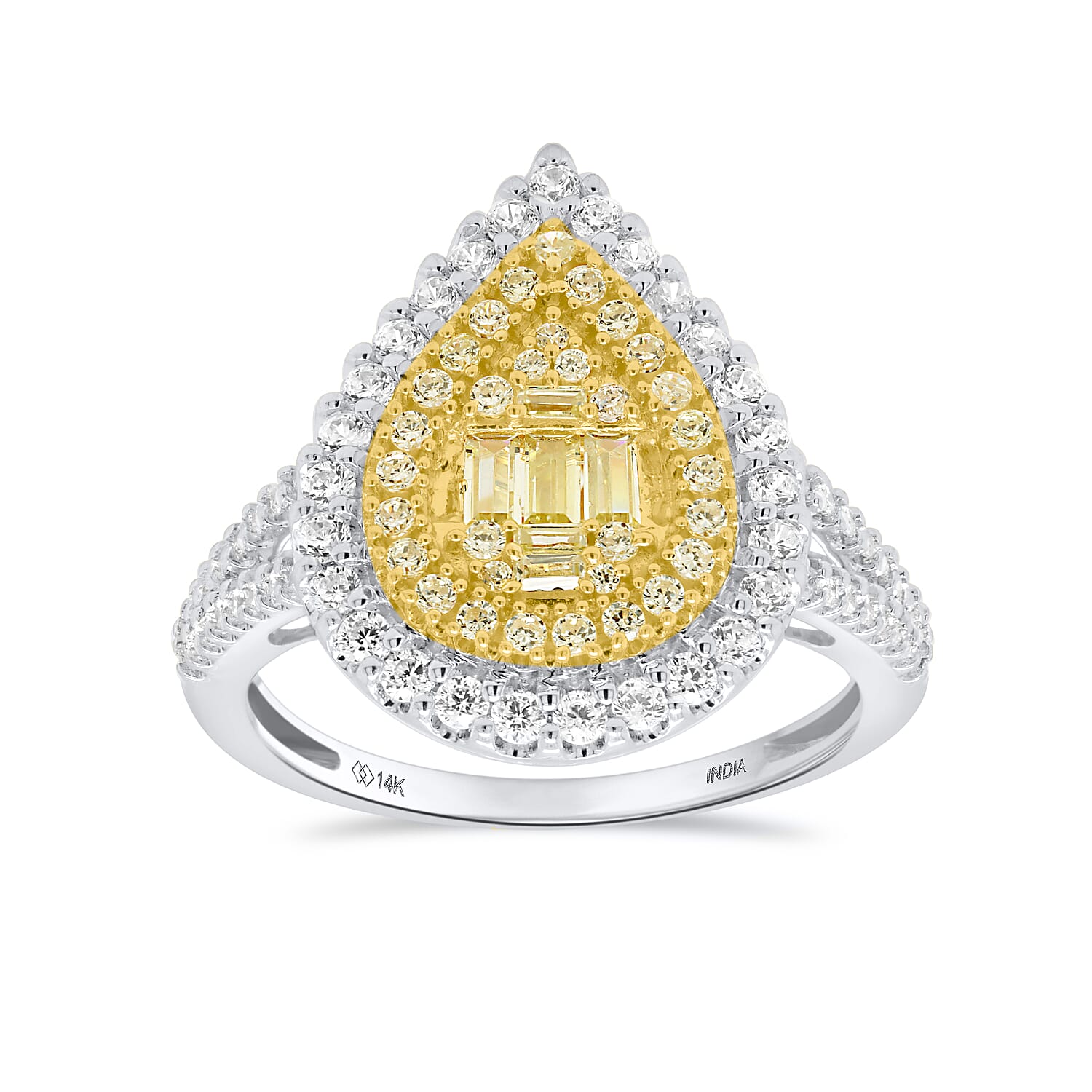 14K White Gold - Natural White Diamond (I3-G-H) & Yellow Diamond Ring 1.00 Ct, Gold Wt. 3.50 Gms