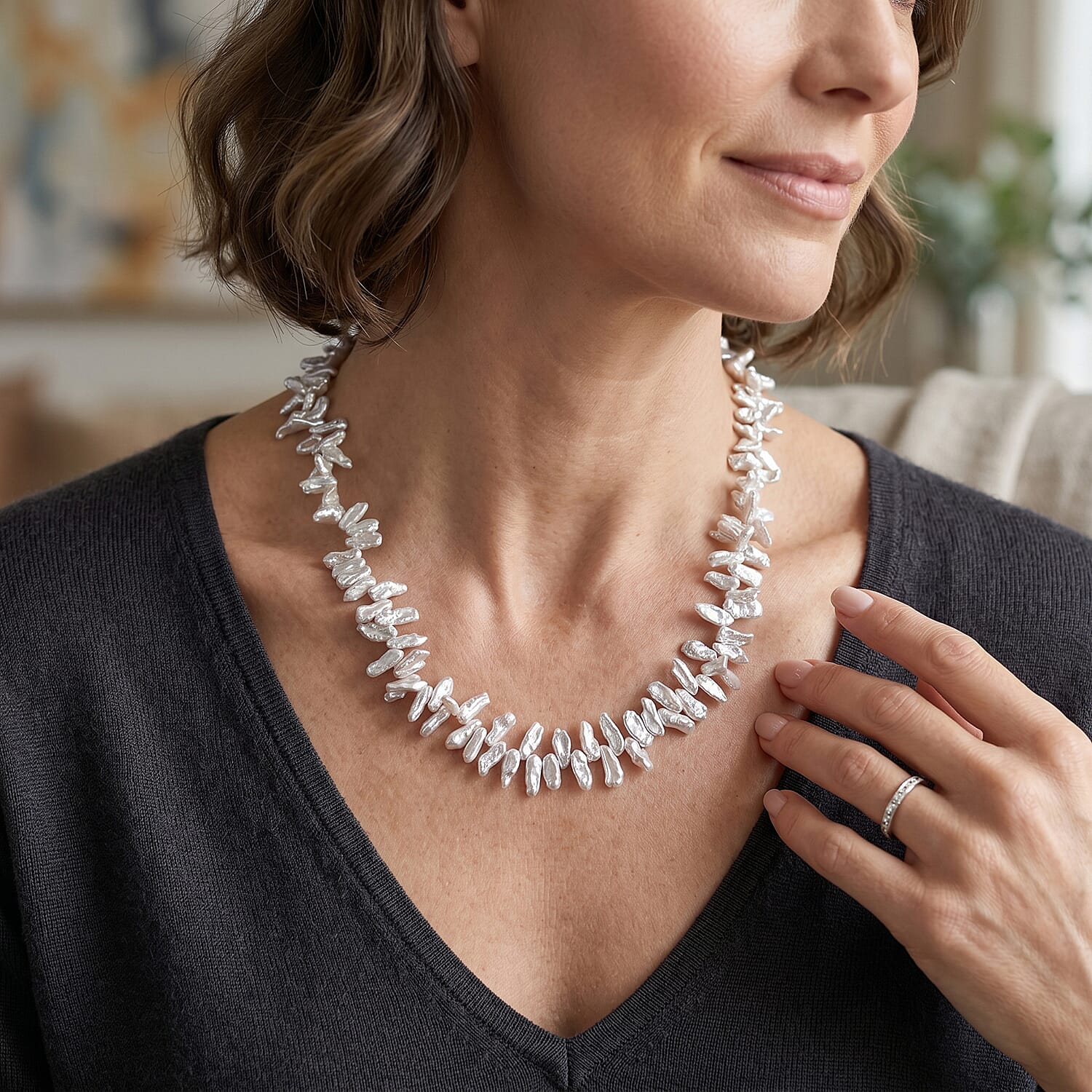 D'Joy - White Keshi Pearl Adjustable Beads Necklace (Size - 20-2 Ext) in Rhodium Overlay Sterling Silver 250.00 Ct.