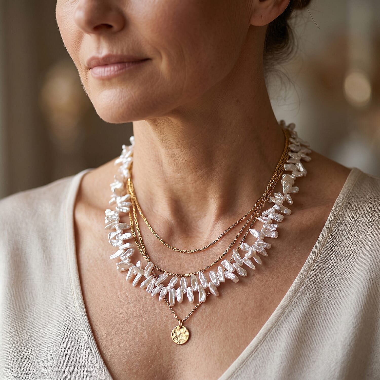 D'Joy - White Keshi Pearl Adjustable Beads Necklace (Size - 20-2 Ext) in Rhodium Overlay Sterling Silver 250.00 Ct.