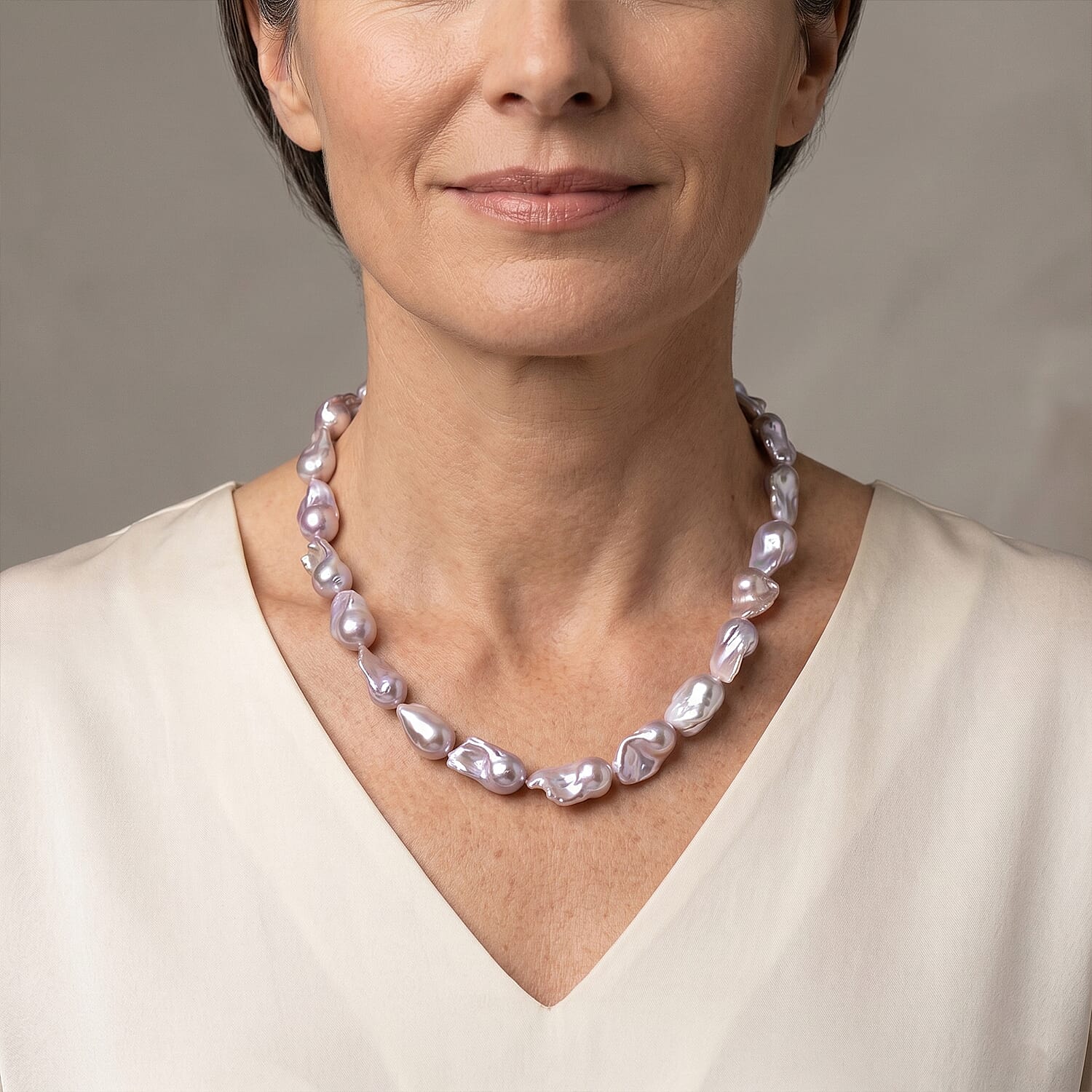D'Joy - White Baroque Pearl Adjustable Beads Necklace (Size - 20) with Magnetic Clasp in Rhodium Overlay Sterling Silver 500.00 Ct.