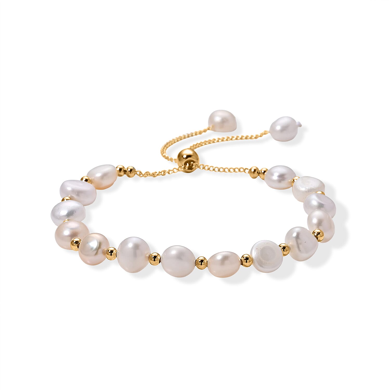White Fresh Water Pearl Adjustable Beads Bracelet (Szie - 6.5-9) in Yellow Gold Tone 30.00 Ct.