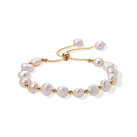 White Fresh Water Pearl Adjustable Beads Bracelet (Szie - 6.5-9) in Yellow Gold Tone 30.00 Ct.