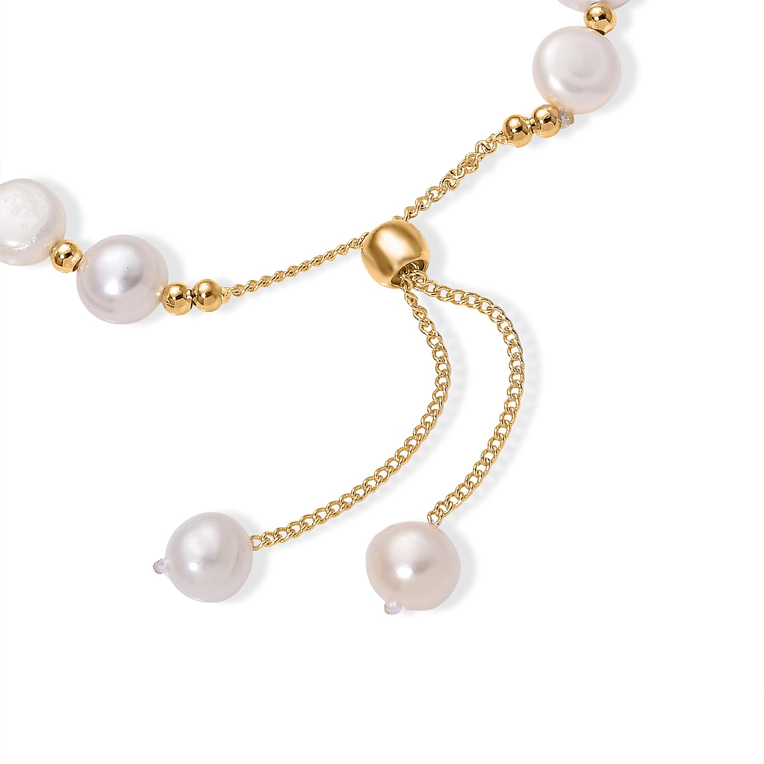 White Fresh Water Pearl Adjustable Beads Bracelet (Szie - 6.5-9) in Yellow Gold Tone 30.00 Ct.