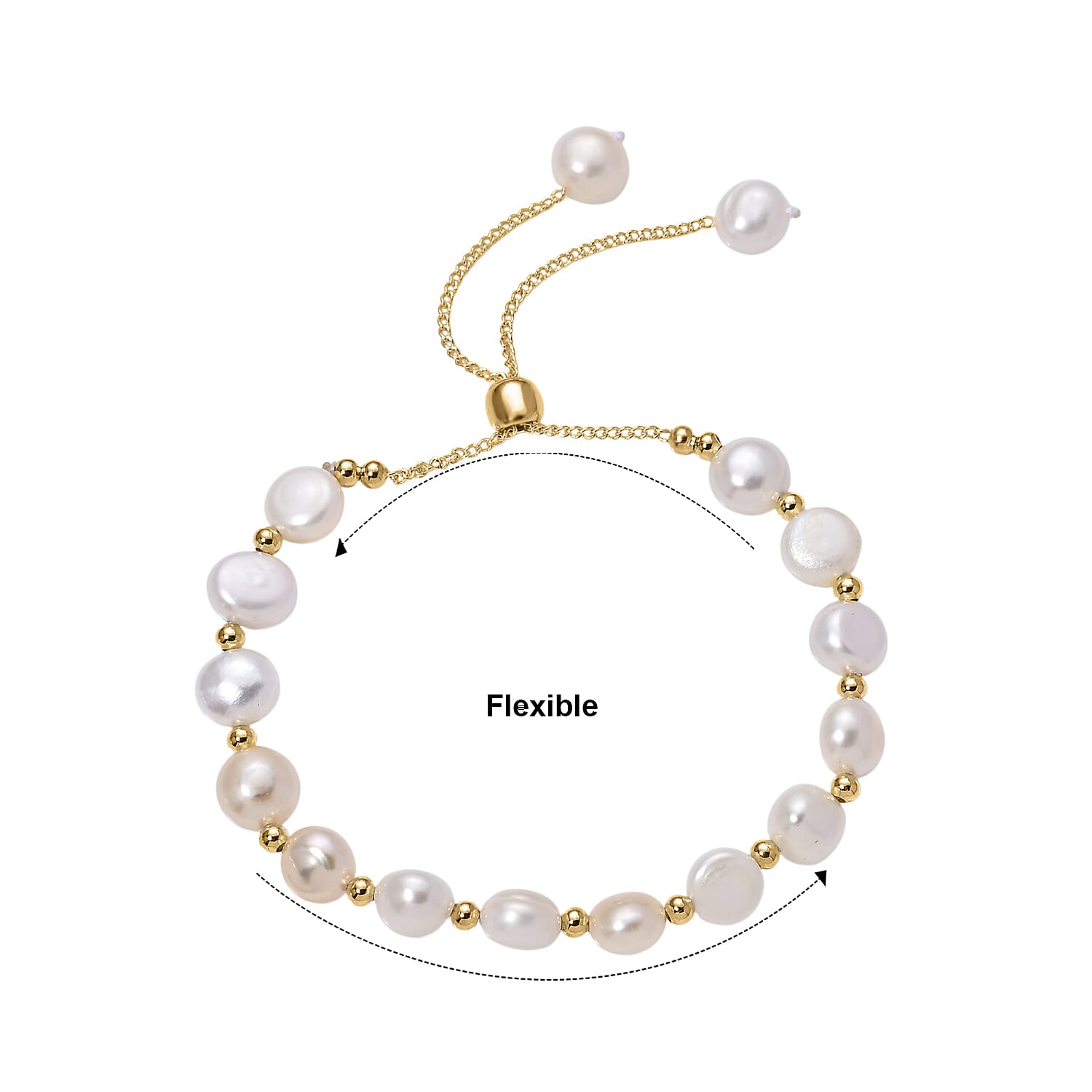 White Fresh Water Pearl Adjustable Beads Bracelet (Szie - 6.5-9) in Yellow Gold Tone 30.00 Ct.