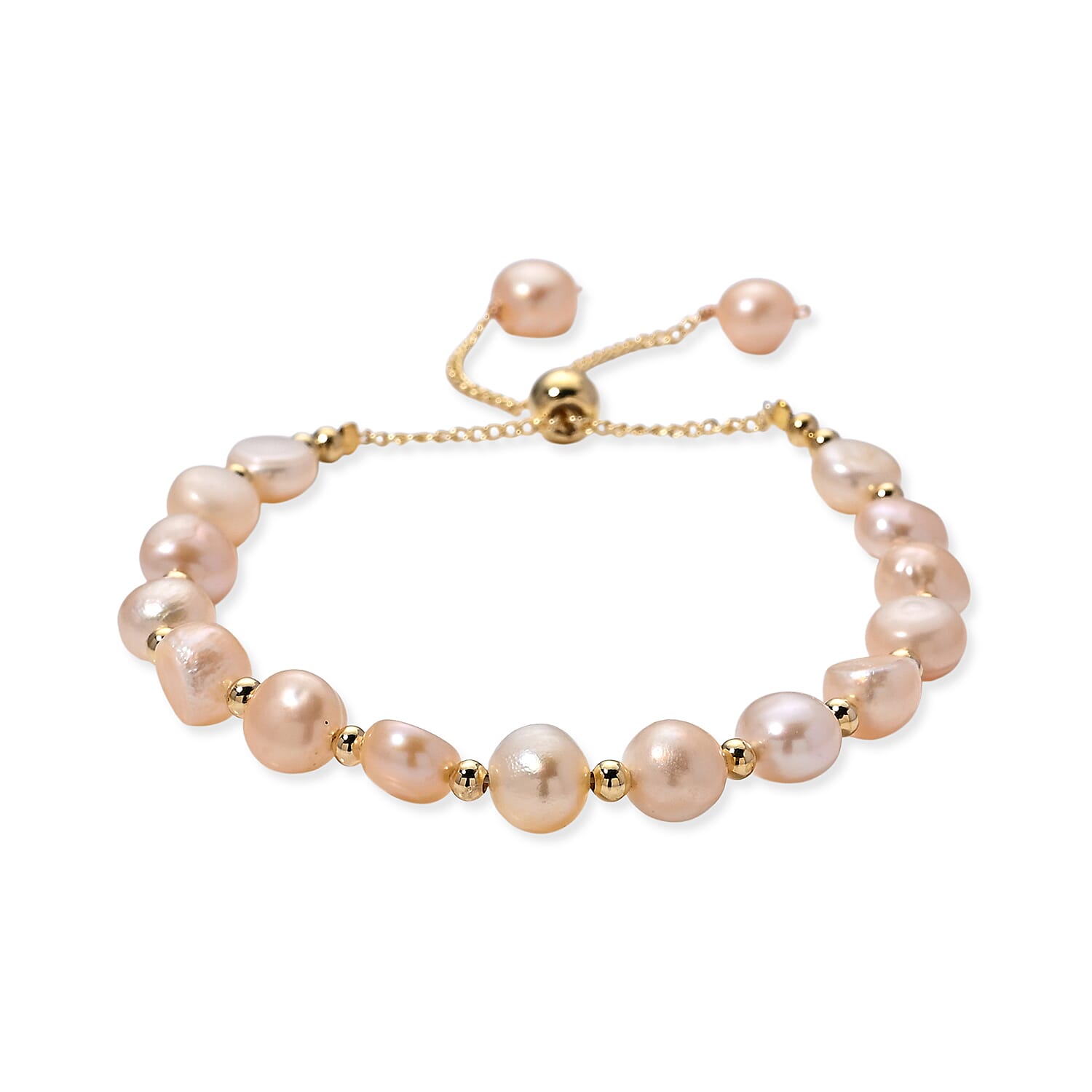 Peach Fresh Water Pearl Adjustable Beads Bracelet (Size - 6.5-9) in Yellow Gold Tone 30.00 Ct.