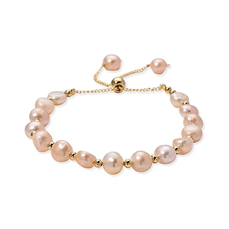 Peach Fresh Water Pearl Adjustable Beads Bracelet (Size - 6.5-9) in Yellow Gold Tone 30.00 Ct.